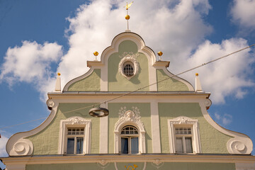 Freising, Bavaria, Germany. The attractive stucco-decorated facade of a historic Rococo-style...
