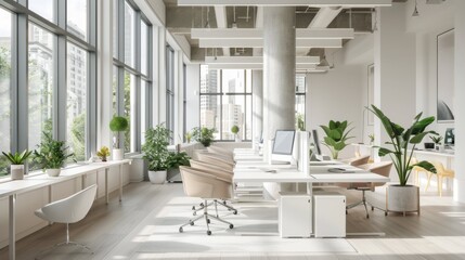 Fototapeta premium Bright Open Office with Large Windows and Greenery