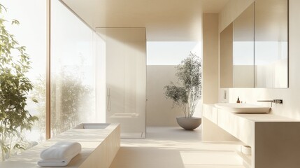 Fototapeta premium Minimalist Bathroom with Large Window and Nature View
