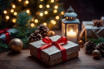 Christmas gift box, present with cones, balls, fir tree branches, lantern on the table, festive, magic winter holidays, new year background, garland lights bokeh, greeting postcard with copy space. 