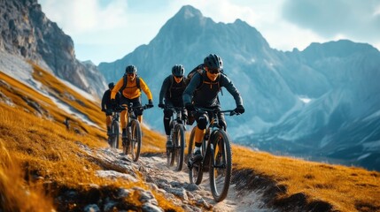 Fototapeta premium Adventurous Mountain Bikers Conquering Rocky Trails