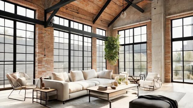 A spacious, modern industrial-style loft with large windows