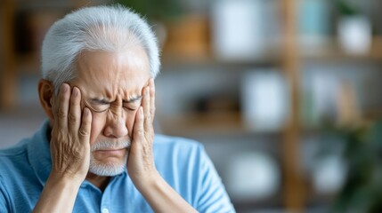 Close-up of an elderly Asian man rubbing his temples, eyes closed in pain, Asian senior man, headache, ache, dealing with persistent headaches