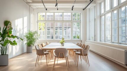 Fototapeta premium Bright Meeting Room with Large Windows and Plants