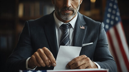 Person casting vote into ballot box. Closeup of hands casting their vote into the ballot box for vote USA, US election season, American voting concept background banner copyspace