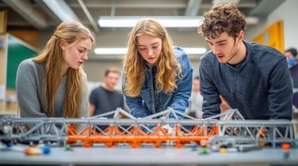 Three students intensely work on a bridge-building project in a classroom setting, showcasing teamwork, problem-solving, and concentration, Ideal for education, engineering