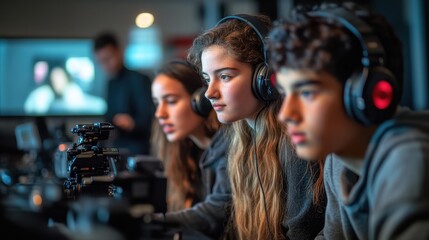 Three young adults using professional audio-visual equipment in a studio, each focused on their tasks while wearing headphones ideal for depicting teamwork, media production