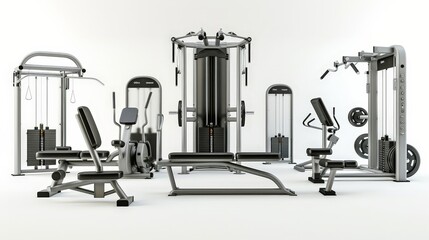 A clean and modern gym isolated on a white background, showcasing a variety of high-quality fitness equipment and machines.
