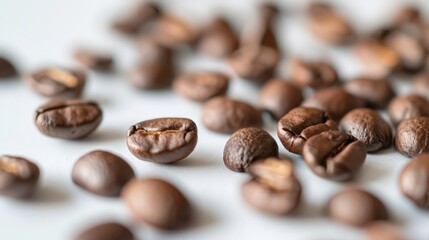 Fototapeta premium A close-up of freshly roasted coffee beans scattered on a white surface.