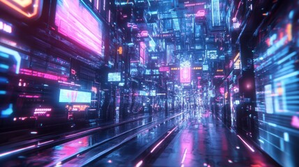 Obraz premium Futuristic Neon Cityscape with Digital Glitch Effects