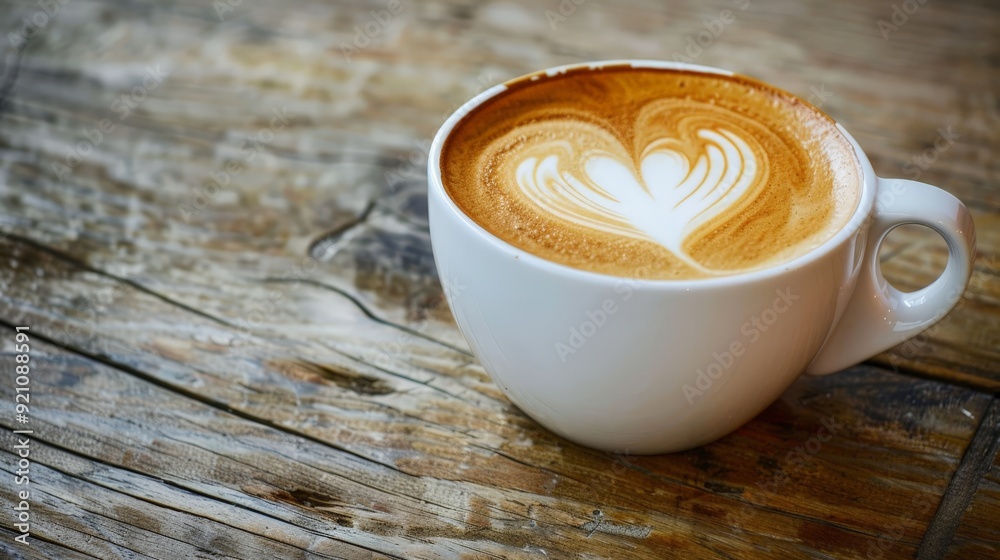 Poster A coffee cup with a heart-shaped latte art design on a rustic wooden table.