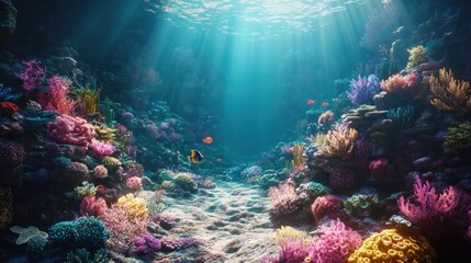 Obraz premium Underwater Scene with Sunbeams Illuminating Colorful Coral Reef
