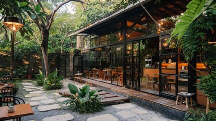 A coffee shop with a beautiful outdoor garden, perfect for enjoying a cup of coffee in nature.