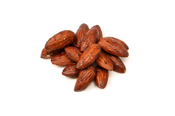 A group of caramelized almonds isolated on a white background.