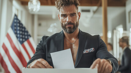Naklejka premium Person casting vote into ballot box. Closeup of hands casting their vote into the ballot box for vote USA, US election season, American voting concept background banner copyspace