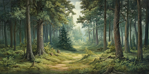 Obraz premium Forest background illustration art, artistic woodland abstract style, nature cubism Impressionism artwork woods tree patterns, generated ai