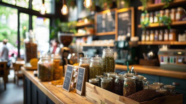 A coffee shop with a selection of teas and herbal infusions displayed on a counter.