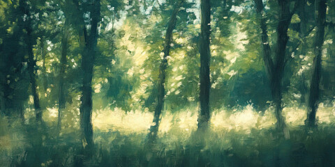 Forest background illustration art, artistic woodland abstract style, nature cubism Impressionism artwork woods tree patterns, generated ai