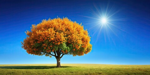 A stunning astral background with a vibrant orange tree under a clear blue sky , celestial, stars, cosmic, phenomena, glowing, distant