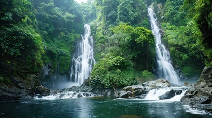 Naklejka premium Serene Waterfall in Lush Green Forest