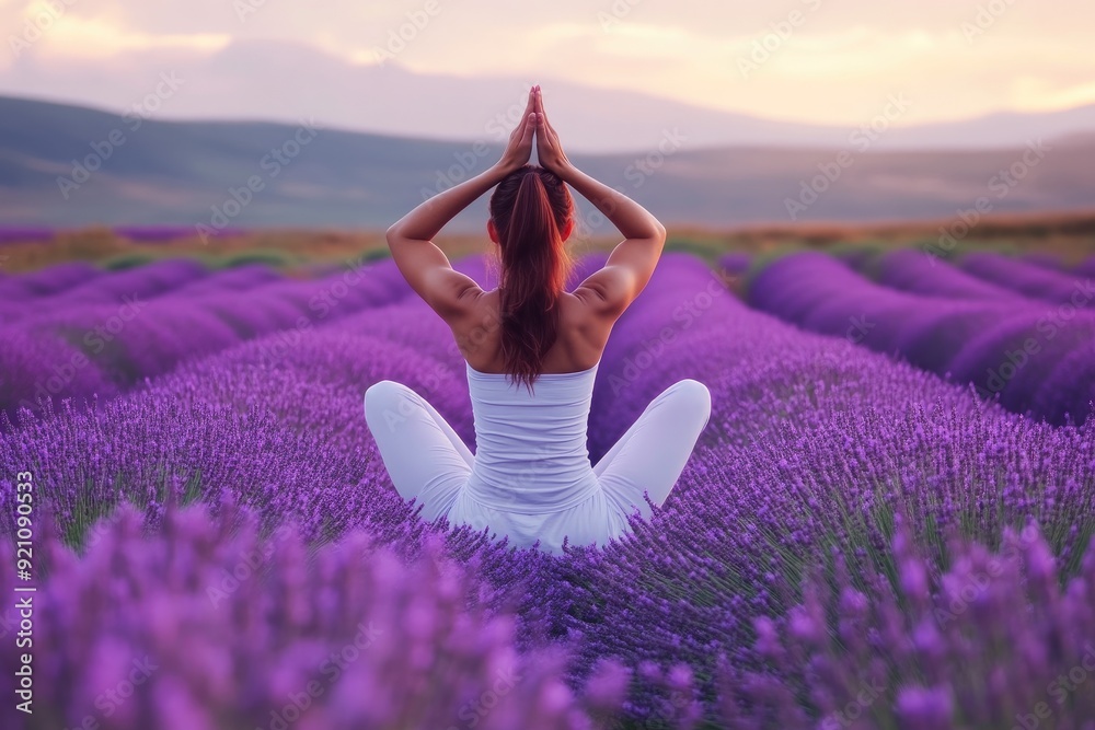 Poster serene yoga session in purple flower field