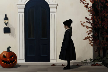 This image depicts a person dressed in a dark outfit, standing outside a dark door accompanied by a pumpkin, creating a spooky and mysterious Halloween ambiance.