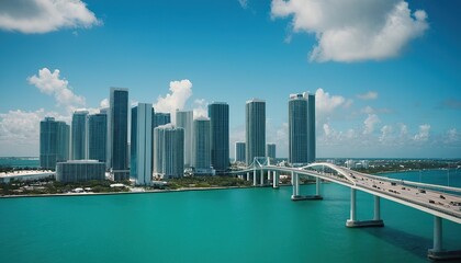 Obraz premium Miami skyscrapers with bridge over sea in the day. 10