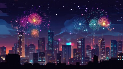 Fototapeta premium Explosive Fireworks Lighting Up Downtown Skyline