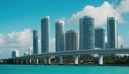 Naklejka premium Miami skyscrapers with bridge over sea in the day. 1