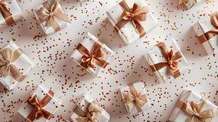 An aerial photograph captures the essence of Valentine s Day with elegant white gift boxes adorned with shimmering brown and light beige ribbons interspersed with golden sequins