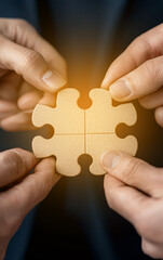 Close-up of hands holding a four-piece puzzle, symbolizing problem-solving, teamwork, and collaboration in a creative context.