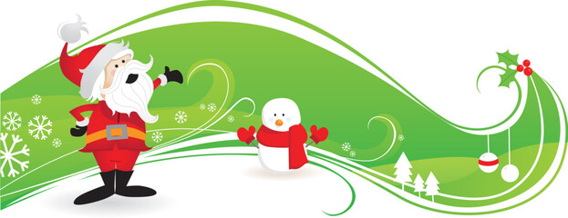 Christmas vector illustration of a green banner with a cute snowman and Santa Claus in winter