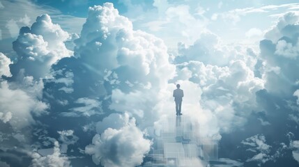 Obraz premium An image combining a cloud architect with clouds and digital infrastructure, symbolizing cloud computing solutions