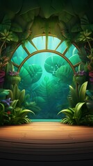 A tropical jungle scene with a large window looking out to the lush greenery and a wooden floor in the foreground.