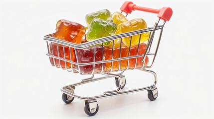 There is colorful jelly delicious marmalade in a metal cart.Isolated on a white background.