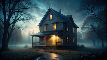 A dark, eerie house at night with only a dim light shining from inside , Haunting, mystery, nighttime, spooky