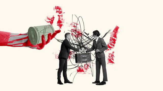 Stop motion, animation. Two men, businessman giving briefcase with information. Dirty money. hand in blood. Concept of economy, politics, corruption and bribery issue, lie, dishonesty