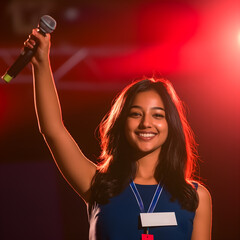 an Indian woman with long hair in her late twenties, smiling and holding the mic at the stage for students to amble up on, wearing a dark blue dress with a white name tag around her neck