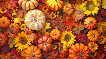 Fototapeta premium Autumn festive background. Joyful banner with warm seasonal colors, composition of pumpkins, fall leaves and sunflowers. Thanksgiving season banner