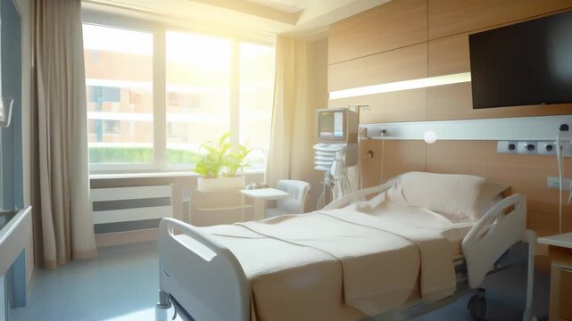 Comfortable hospital room with a modern bed and medical equipment, bathed in natural light from a large window. Inviting healthcare setting designed for patient recovery and well-being. 