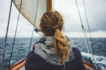 Woman Sailing on a Boat in Rough Seas with Overcast Skies