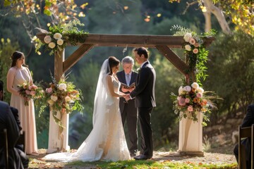 A touching moment captured as the bride and groom smile at each other, celebrating their union during the wedding ceremony, A loving couple exchanging vows in a beautiful . AI generated