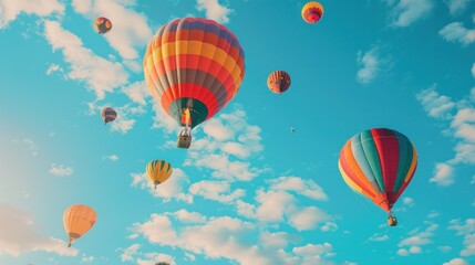 Naklejka premium Balloon Festival, Hot air balloons in the blue sky, Hot air balloons in front of the blue sky with a copy space, Hot air balloons fill the sky during the Balloon Festival