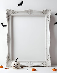 A white picture frame with black bats hanging around the edges, a small orange pumpkin in the...