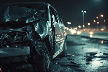 Wrecked Car on a Wet Road at Night with Streetlights in the Background