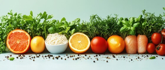 Low-carb meal prep, balanced diet, flat design illustration