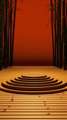 Circular wooden platform with steps in front of bamboo stalks on a red background.