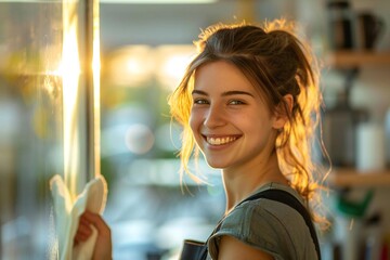 Portrait of a smiling young female office cleaner cleaning a glass window with a rag.