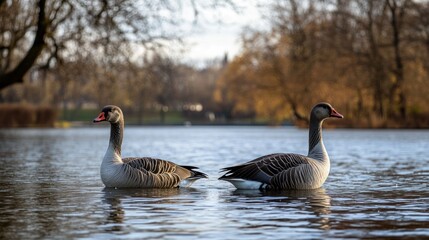 Obraz premium Two Geese Swimming in a Lake