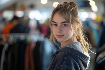 Portrait of a young woman shopping for clothes in a bustling clothing store.